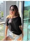 Kadın Tek Omuzu Askılı Kısa Kollu Toka Detaylı Dantelli Viskon Bluz