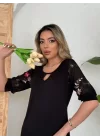Kadın Truvakar Kol çiçek Desenli Tül Kol Bisiklet Yaka çiçek Desen Sandy Salaş Kısa Elbise