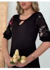 Kadın Truvakar Kol çiçek Desenli Tül Kol Bisiklet Yaka çiçek Desen Sandy Salaş Kısa Elbise
