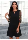 Kadın Truvakarkol çiçek Desenli Tül Kol Bisiklet Yaka çiçek Desen Sandy Salaş Kısa Elbise