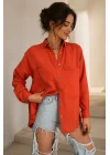 Kadın Turuncu Pamuklu Keten Çift Cepli Ahşap Düğme Pinterest Oversize Gömlek