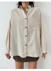 Kadın Bej Pamuklu Keten Tek Cepli Bohem Pinterest Oversize Gömlek