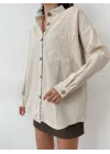 Kadın Bej Pamuklu Keten Tek Cepli Bohem Pinterest Oversize Gömlek