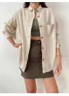 Kadın Bej Pamuklu Keten Tek Cepli Bohem Pinterest Oversize Gömlek