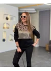 Kadın üç Iplik şardonlu Kumaş Leopar Desenli Bluz
