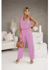 Kadın Üstü V Yaka Kolsuz Krop Alt Beli Lastikli Pantalon İki İplik Takım