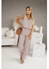 Kadın Üstü V Yaka Kolsuz Krop Alt Beli Lastikli Pantalon İki İplik Takım