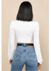 Kadın Beyaz V Yaka Balon Kol Çift Katlı Tanga Kesim Sandy Kumaş Bodysuit
