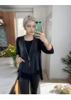 Kadın Uzun Kol Asimetrik Kesim Viskon Bluz Ve çatlak Deri Görünümlü Fermuar Detaylı Yelek Ikili Takım