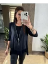 Kadın Uzun Kol Asimetrik Kesim Viskon Bluz Ve çatlak Deri Görünümlü Fermuar Detaylı Yelek Ikili Takım