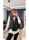 Kadın Uzun Kol Asimetrik Kesim Viskon Bluz Ve çatlak Deri Görünümlü Fermuar Detaylı Yelek Ikili Takım