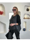 Kadın Uzun Kol Asimetrik Kesim Viskon Bluz Ve çatlak Deri Görünümlü Fermuar Detaylı Yelek Ikili Takım