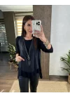 Kadın Uzun Kol Asimetrik Kesim Viskon Bluz Ve çatlak Deri Görünümlü Fermuar Detaylı Yelek Ikili Takım