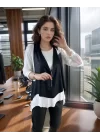 Kadın Uzun Kol Asimetrik Kesim Viskon Bluz Ve çatlak Deri Görünümlü Fermuar Detaylı Yelek Ikili Takım