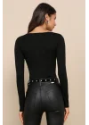 Kadın Siyah Çift Katlı Sandy Kumaş Asimetrik Yaka Uzun Kol Çıtçıtlı Tanga Bodysuit