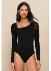 Kadın Siyah Çift Katlı Sandy Kumaş Asimetrik Yaka Uzun Kol Çıtçıtlı Tanga Bodysuit