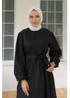 Kadın Uzun Kol Bisiklet Yaka Belden Bağlamalı Elbise