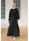 Kadın Uzun Kol Bisiklet Yaka Belden Bağlamalı Elbise