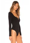 Kadın Siyah Kalp Yaka Uzun Kollu Çift Katlı Tanga Sandy Kumaş Bodysuit