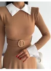 Kadın Uzun Kol Gömlek Yaka Ve Vatka Detay Kemer Dahil Midi Boy Elbise