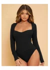 Kadın Siyah Derin U Yaka Uzun Kollu Çift Katlı Sandy Kumaş Çıtçıtlı Bodysuit