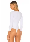 Kadın Beyaz Kare Yaka Uzun Kollu Çift Katlı Tanga Kesim İpek Jarse Bodysuit