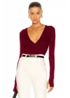 Kadın Bordo V Yaka Uzun Parmak Geçmeli Kollu Çift Katlı Tanga Kesim Bodysuit