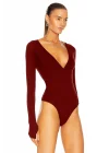 Kadın Bordo V Yaka Uzun Parmak Geçmeli Kollu Çift Katlı Tanga Kesim Bodysuit