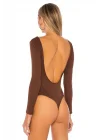 MetuCa Kadın Kahverengi Kayık Yaka Sırt Dekolteli Uzun Kollu Tanga Kesim Bodysuit Zıbın