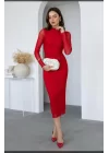 Kadın Uzun Kol Tül Drapeli Midi Boy Elbise