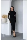 Kadın Uzun Kol Tül Drapeli Midi Boy Elbise