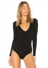 Kadın Siyah V Yaka Uzun Kollu Çift Katlı Tanga Kesim Sandy Kumaş Bodysuit