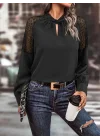 Kadın Uzun Kollu Anahtar Deliği Yaka Reglan Kol Dantel Detaylı Ithal Krep Bluz
