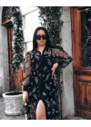Kadın Uzun Kollu Astar Sandy Flok Kumaş Dışı Tül çiçek Desenli Elbise