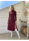 Kadın Uzun Kollu Balıkçı Yaka Derin Yırtmaç Detay Krep Elbise