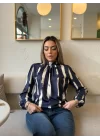 Kadın Uzun Kollu Balıkçı Yaka Desenli Dalgıç Bluz