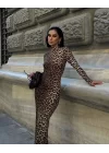Kadın Uzun Kollu Balıkçı Yaka Gull Likralı Leopar Desen Maxi Boy Elbise