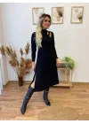 Kadın Uzun Kollu Balıkçı Yaka Omuzda Damla Detaylı Yırtmaçlı Krep Midi Elbise