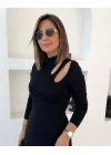 Kadın Uzun Kollu Balıkçı Yaka Omuzda Damla Detaylı Yırtmaçlı Krep Midi Elbise