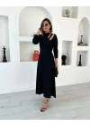 Kadın Uzun Kollu Balıkçı Yaka Omuzda Damla Detaylı Yırtmaçlı Krep Midi Elbise