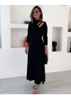Kadın Uzun Kollu Balıkçı Yaka Omuzda Damla Detaylı Yırtmaçlı Krep Midi Elbise