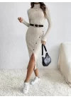 Kadın Uzun Kollu Balıkçı Yaka Yırtmaçlı Düğmeli şardonlu Kaşkorse Elbise(kemersiz)