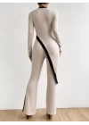 Kadın Uzun Kollu Bisiklet Yaka Asimetrik Kesim Bluz şardonlu Kaşkorse Bluz Ve Pantolon Ikili Takım