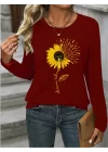 Kadın Uzun Kollu Bisiklet Yaka Ayçiçeği Desenli Viskon Bluz