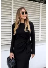 Kadın Uzun Kollu Bisiklet Yaka Belden çapraz Bağlamalı Yandan Yırtmaçlı Uzun Viskon Iki Iplik Elbise