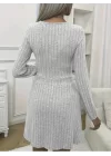 Kadın Uzun Kollu Bisiklet Yaka Beli Lastikli şardonlu Kaşkorse Mini Elbise