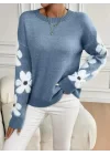 Kadın Uzun Kollu Bisiklet Yaka çiçek Desenli Triko Bluz