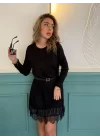 Kadın Uzun Kollu Bisiklet Yaka Etek Ucu Deri Ve Tül Detay Iki Iplik Mini Boy Elbise