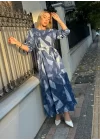 Kadın Uzun Kollu Bisiklet Yaka Geometrik Desen Baskılı Kuşak Dahil Maxi Boy Elbise