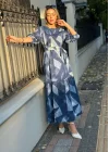Kadın Uzun Kollu Bisiklet Yaka Geometrik Desen Baskılı Kuşak Dahil Maxi Boy Elbise